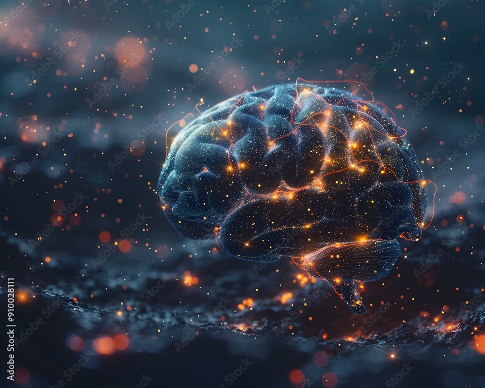 Poster glowing brain with neural network overlay ai and machine learning concept