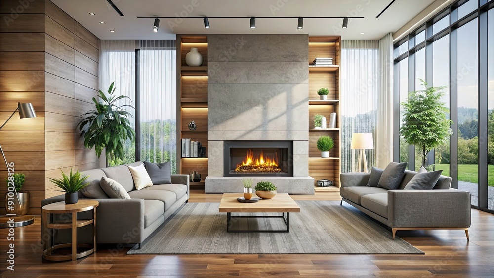 Wall mural Modern living room featuring a sleek fireplace, modern, living room, interior design, contemporary, fireplace, cozy