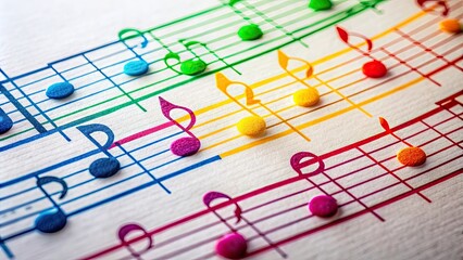 Close up of colorful musical notes on a sheet of paper, music, notation, melody, composition, symbols, sheet music