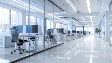 Modern office,  Spacious modern office with glass divisions, completely empty, featuring designer desks, sleek office chairs, and a large presentation screen, all illuminated by