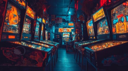 Naklejka premium Classic Arcade Games: Retro Pinball Machines in Action