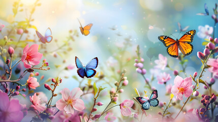 A vibrant spring garden scene with various butterflies fluttering among colorful blossoms under a clear, sunny sky.