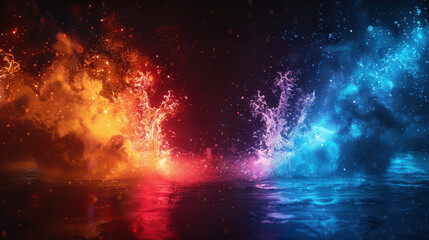 Fototapeta premium Versus background, The image depicts a dramatic encounter of two neon light elements crashing together, releasing a cascade of bright colors against a dark void. The vibrant splash