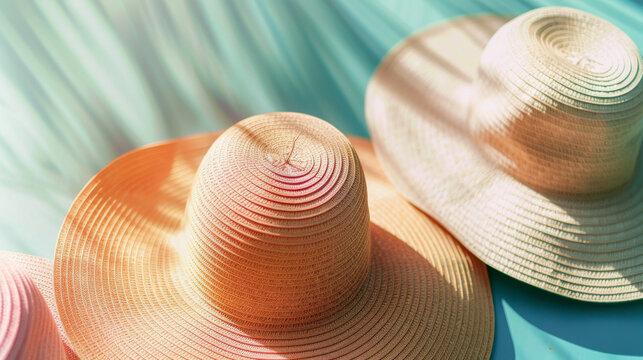 Three sun hats in varying shades of beige and orange, beautifully arranged under dappled sunlight.