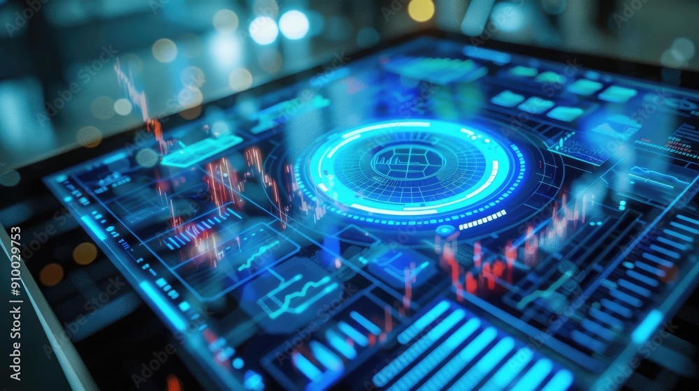 Poster Futuristic digital dashboard displaying data analytics with glowing elements, representing technology and innovation.