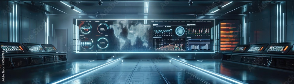 Poster Futuristic control room with advanced digital displays and data analytics, perfect for technology and innovation themes.