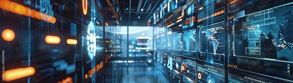 Poster Futuristic digital hallway with high-tech screens displaying data and analytics in a modern environment.