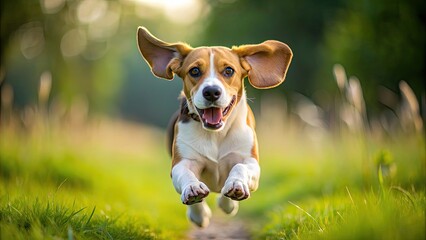 Beagle dog running towards camera with ears flopping , Beagle, dog, running, playful, pet, animal, active, fun, energetic