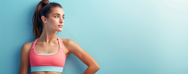 Obraz premium Happy athletic woman standing on the blue background. Healthy lifestyle concept.