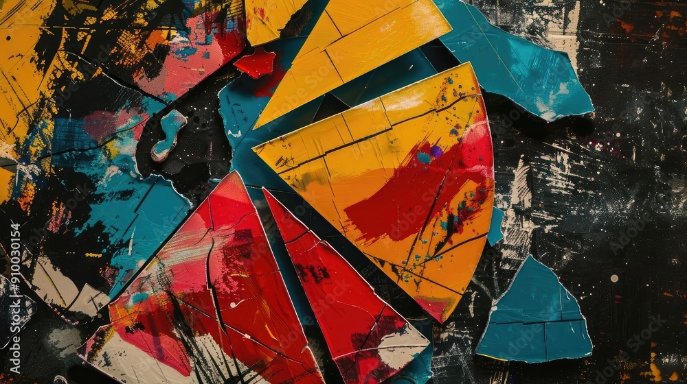 Poster vibrant abstract art featuring broken ceramic pieces in bold colors and dynamic patterns, evoking cr