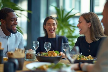 A group of diverse friends enjoying a lively meal together at a restaurant, sharing laughter and conversation. The image highlights friendship, socializing, and the joy of spending time 
