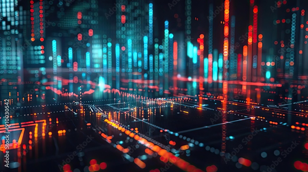 Poster High-tech digital landscape featuring vibrant neon colors, reflecting a futuristic tech environment and data visualization.