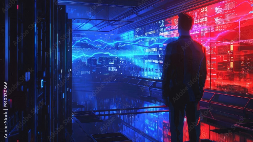 Poster a silhouette of a person in a futuristic data center with vibrant blue and red lights, symbolizing t