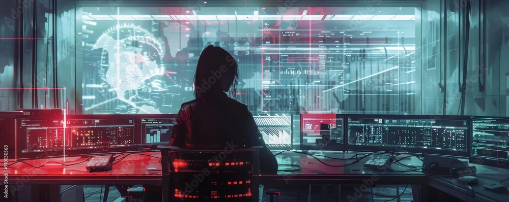 Poster a lone figure in a hoodie engages with a futuristic, high-tech interface in a dark, illuminated envi