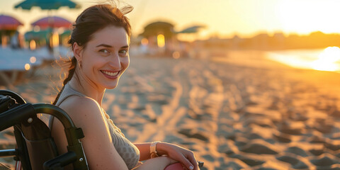 Happy young woman in a wheelchair relaxing on a beach on summer day. Person with a disability having fun by a seaside. Equal opportunities for differently abled people.