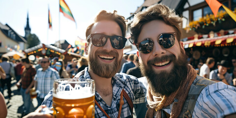 Two cheerful male friends with glasses of fresh beer at traditional German fair on autumn day. Drinking alcoholic beverage outdoors. Oktoberfest celebration.