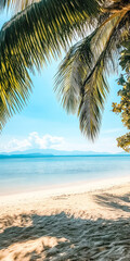 Fototapeta premium Palm fronds framing calm blue ocean and clear sky