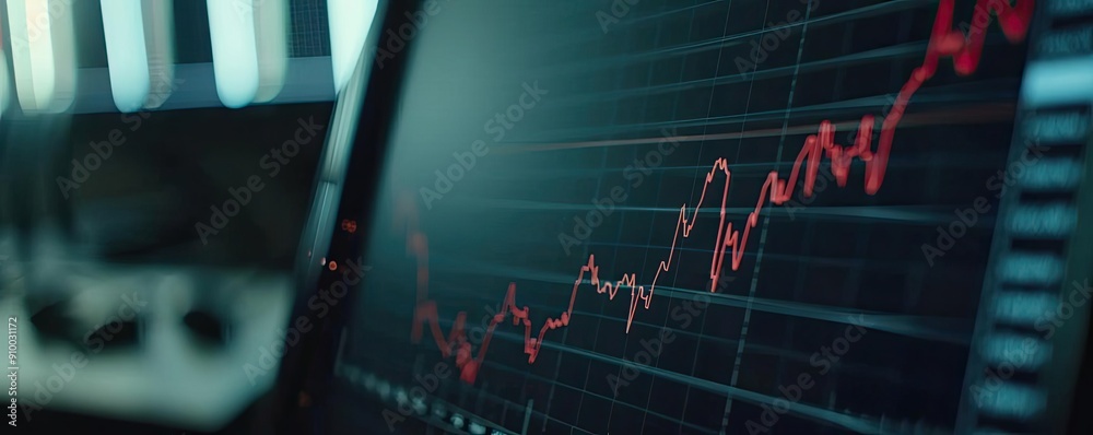 Poster a close-up view of a stock market graph displayed on a digital screen, showcasing an upward trend wi