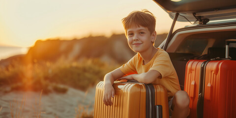 Fototapeta premium Happy little boy sitting in a car trunk with suitcases, ready to go on vacation with his family. Summer holidays with kids.