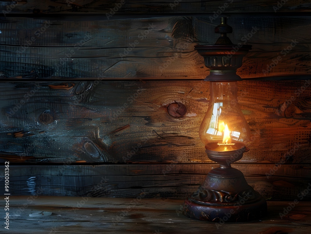 Poster Antique Oil Lamp Glowing Warmly Against Rustic Wooden Background