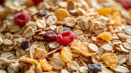 A close-up of mixed cereal and oats with dried fruits, highlighting the variety of textures and colors, perfect for healthy breakfast and snack ideas.