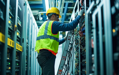 A skilled technician meticulously ascends a ladder to inspect and maintain critical server components within the complex network infrastructure of a high-tech data center.