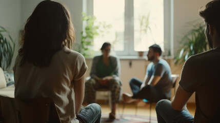 A cozy gathering at home as a small group of friends engage in intimate conversation near a sunlit window.