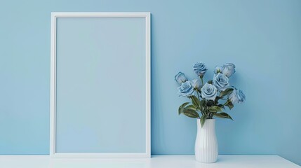 Blue Roses in a White Vase on a White Table