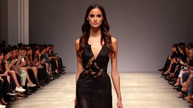 Modern fashionable show runway. Audience admire model walk. High-fashion style, design week. Stylish catwalk cloth collection. Designers clothing demonstration, trendy look. Beautiful women defile.