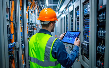 A focused electrician, clad in a high-visibility vest, meticulously examines a tablet displaying energy connection data while simultaneously undertaking precise adjustments to an electrical panel.