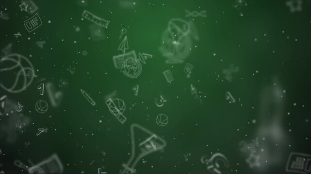 Hand drawn numbers. Flying math symbols modern geometric loop green background. Copy space. Vertical video.