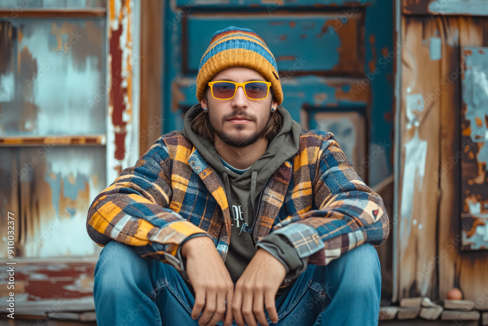 Poster A man wearing a hat and sunglasses sitting on a bench