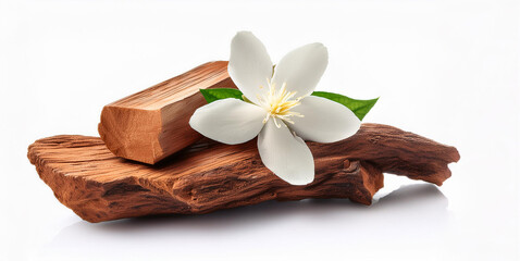 sandalwood and sandalwood powder, Jasmine flowers with green leaves isolated on a white background. isolated  