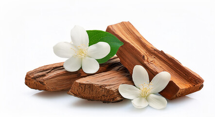 sandalwood and sandalwood powder, Jasmine flowers with green leaves isolated on a white background. isolated  