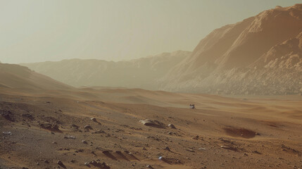 A single exploration vehicle stands out in a vast, rugged desert landscape with mountains in the background, highlighting the essence of solitude and adventure.