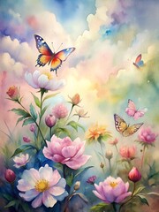 A picturesque watercolor painting with beautiful lush flowers and flying butterflies around them