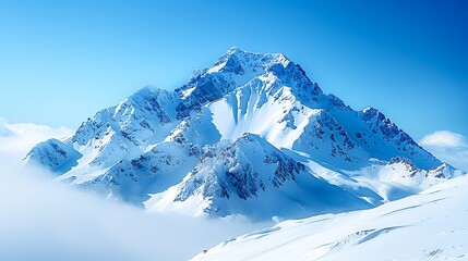 Obraz premium Snow-covered mountain peak against a clear blue sky, ideal for travel, adventure, or winter-themed content showcasing natural beauty and outdoor activities,