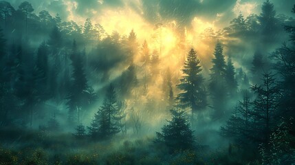 A foggy forest scene illuminated by the setting sun, casting mystical rays through the pine trees, Ideal for nature-themed projects, backgrounds, and environmental awareness materials,