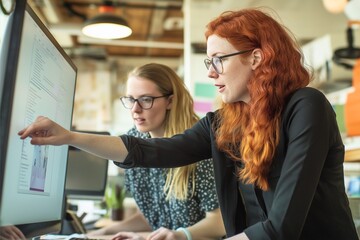 Two focused women working together on a project at a computer in a creative office space. One woman with red hair points at the screen while discussing details with her colleague. 