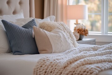 A cozy bed adorned with knitted pillows and a chunky blanket, set in a softly lit room with a lamp and window in the background, evoking warmth and comfort.