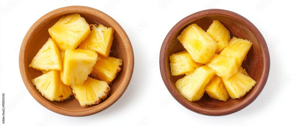 Wall mural various pineapple pieces in a white bowl, top and bottom views, isolated on a transparent background