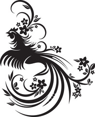 Vector Japanese ornamental cock gorgeous design with floral elements and swirls. Typical for Asian cultural tradition. Extremely clean vector lines, vinyl and laser ready.