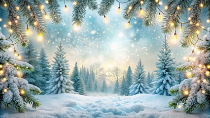 Christmas scene with snowy winter forest, fir branches, twinkling lights, and falling snowflakes , winter