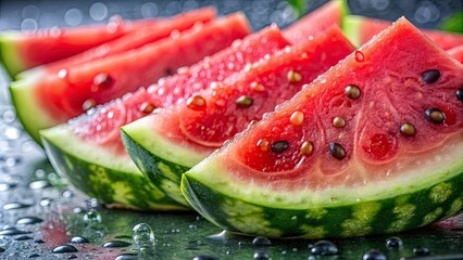 Close up of refreshing watermelon slices with glistening water droplets , watermelon, fruit, red, slices, close up, fresh