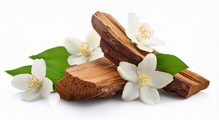 sandalwood and sandalwood powder, Jasmine flowers with green leaves isolated on a white background. isolated  