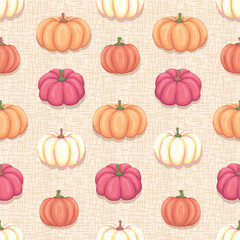 Seamless pattern with beautiful orange, pink and pastel yellow pumpkins on a beige background. Rustic cottage core repeated surface vector design.	