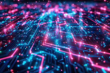 Fototapeta premium High-tech encryption visualized as a complex maze of glowing lines and nodes, symbolizing secure data paths. Virtual world of data and technology. Concept AI futuristic technology, innovation