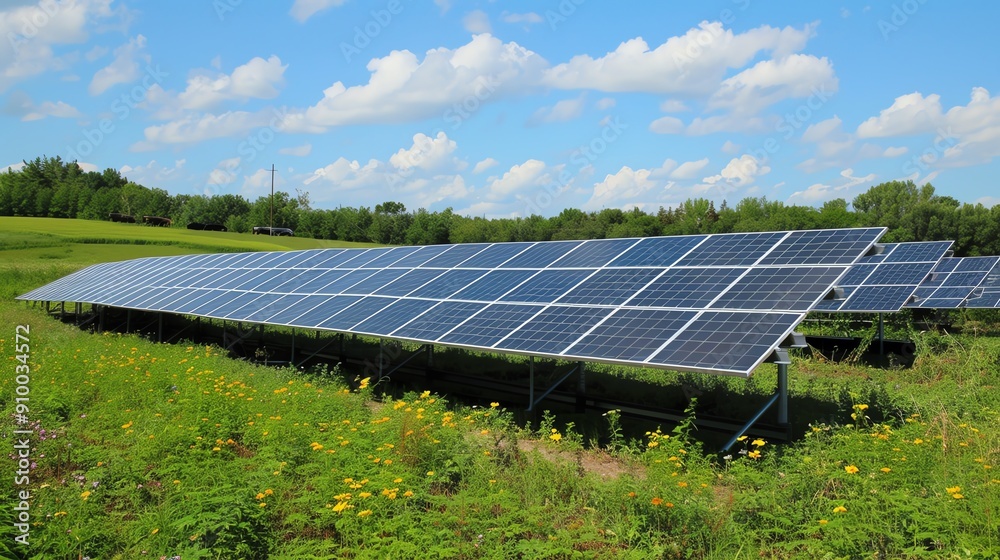 Wall mural a field of solar panels installed in a green landscape under a blue sky with clouds, representing cl