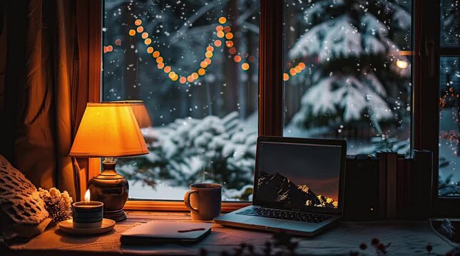 Coffee, lamp, and laptop by a window on a winter evening, creating a warm and inviting workspace with a cozy atmosphere
  Seamless looping 4k time-lapse virtual video animation Generated AI