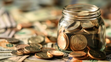A jar filled with coins surrounded by paper money scattered on a table, representing savings, investment, and financial growth.